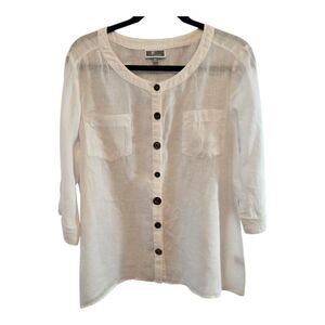 JM COLLECTION PETITE SIZE 14P WHITE 100% LIGHTWEIGHT LINEN TOP SUMMER READY